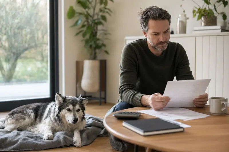 Ein Hundebesitzer sitzt mit einer Tierarztrechnung am Tisch, während ein entspannter Sibirischer Husky auf einer Decke in der hellen Wohnung liegt und der Versicherungsbezug ruhig vermittelt wird.