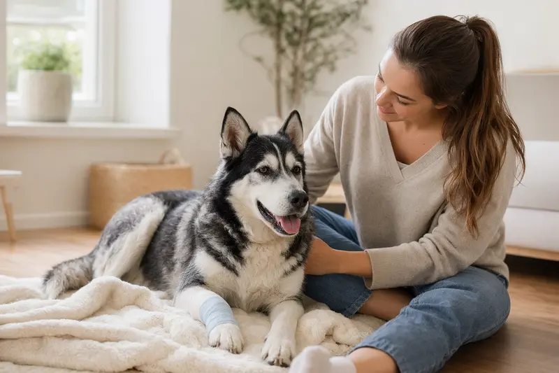 Ein Sibirischer Husky mit leichtem Verband liegt entspannt auf einer Decke neben seinem erleichterten Besitzer in einer hellen Wohnung.