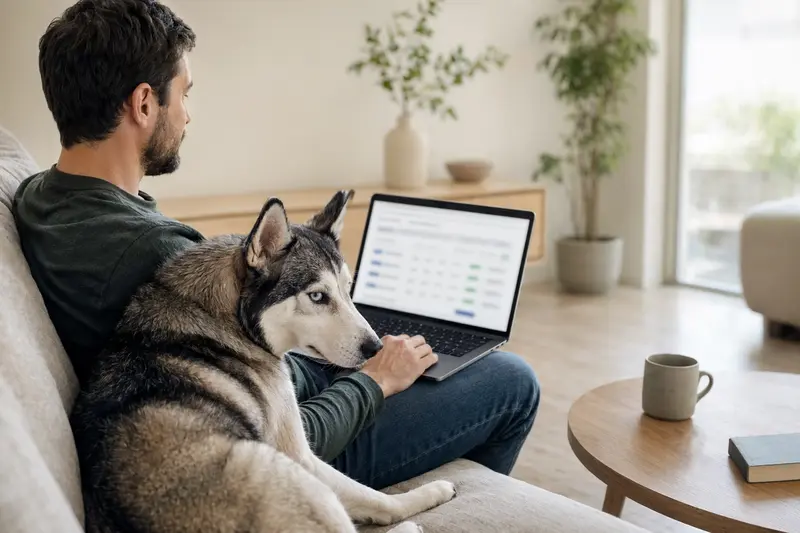 Ein Besitzer sitzt mit Laptop auf dem Sofa und einem Sibirischen Husky daneben, während er einen Versicherungsvergleich durchführt.