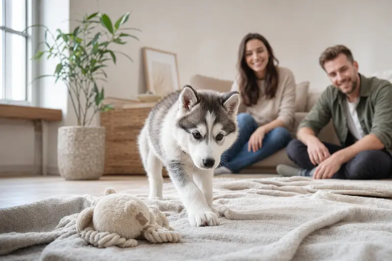 Ein neugieriger Sibirischer Husky Welpe erkundet sein neues Zuhause mit einer weichen Decke und Spielzeug im Hintergrund.