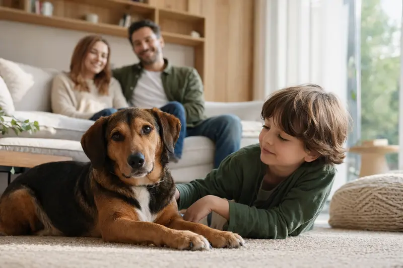 Ein Siebenbürger Bracke Hund liegt entspannt neben einem Kind im hellen Wohnzimmer, während die Eltern im Hintergrund stehen.