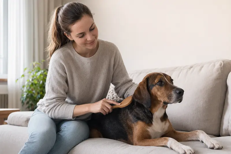 Ein Siebenbürger Bracke wird zuhause von seinem Besitzer sanft gebürstet und bei der Fellpflege liebevoll betreut.