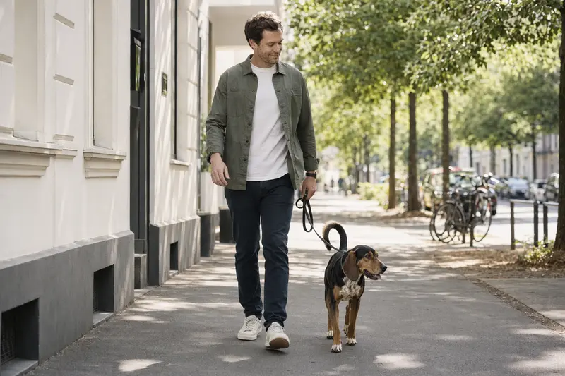 Ein Siebenbürger Bracke läuft an der Leine mit seinem Besitzer durch eine freundliche moderne Stadtstraße.