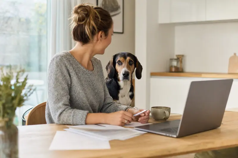 Siebenbürger Bracke sitzt ruhig neben seinem Besitzer am Küchentisch mit Versicherungsunterlagen und Laptop zur Hundekrankenversicherung.