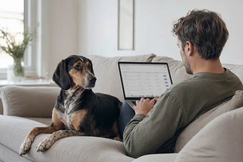 Ein Hundebesitzer arbeitet am Laptop auf dem Sofa, während ein Siebenbürger Bracke daneben sitzt, was die wichtige Entscheidung zur Tierkrankenversicherung symbolisiert.