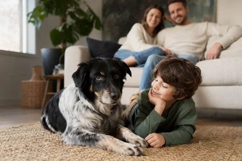 Ein freundlicher Siegerländer Kuhhund liegt entspannt neben einem Kind im Wohnzimmer in einer sicheren Familienatmosphäre.