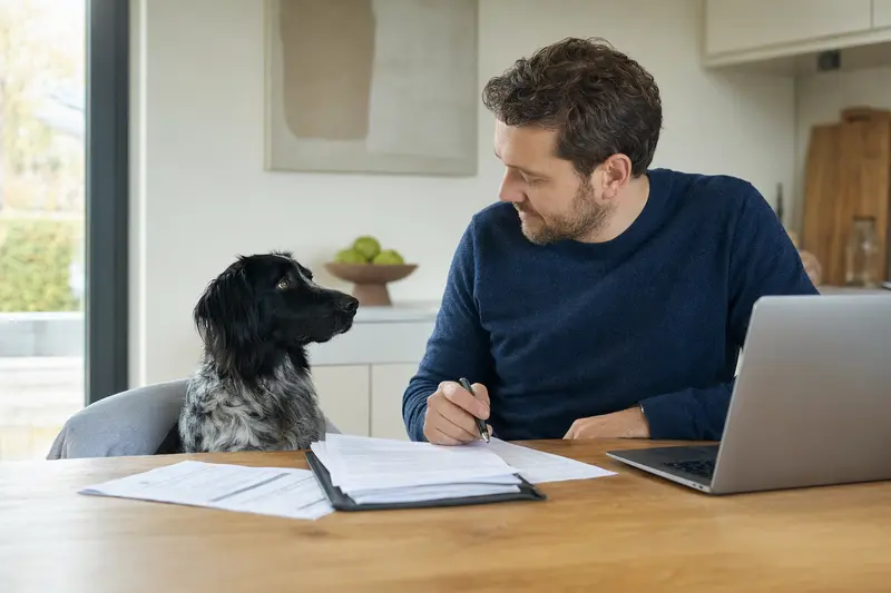 Ein Siegerländer Kuhhund sitzt ruhig neben seinem Besitzer am Küchentisch, auf dem Versicherungsunterlagen und ein Laptop mit Vergleichsseite liegen.