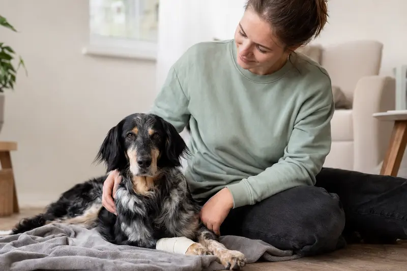Ein Siegerländer Kuhhund mit leichtem Verband an der Pfote liegt ruhig auf einer Decke, während sein Besitzer neben ihm erleichtert sitzt.