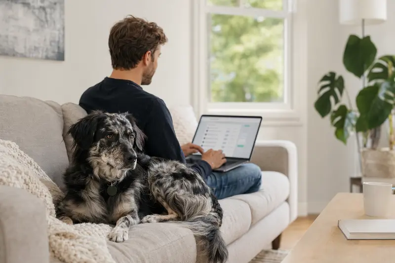 Ein Hund steht neben einem Laptopbesitzer auf dem Sofa in einer ruhigen Wohnung, während eine Versicherungsvergleichs-Seite auf dem Bildschirm zu sehen ist.