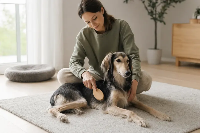 Ein Silken Windhund wird in einer hellen Wohnung sanft gebürstet, während sich der Besitzer liebevoll um die Fellpflege kümmert.