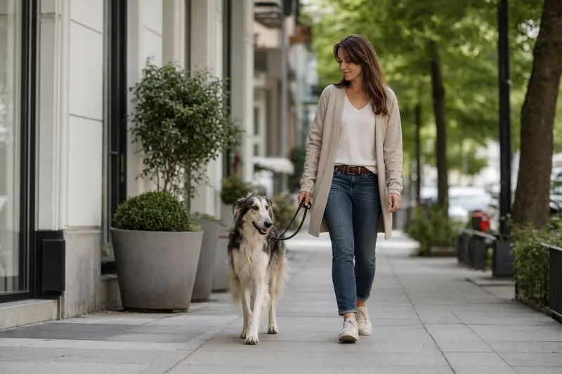 Ein Silken Windhund läuft an der Leine mit seinem Besitzer durch eine freundliche moderne Stadtstraße.