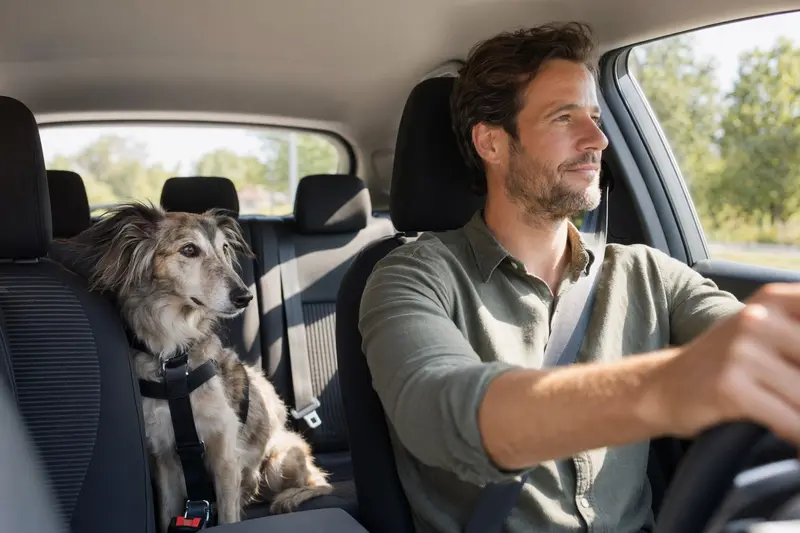 Ein Silken Windhund sitzt sicher angeschnallt auf der Rückbank eines Autos, während der Fahrer ruhig fährt.
