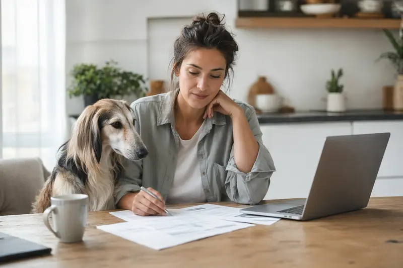 Ein Silken Windhund sitzt ruhig neben seinem Besitzer am Küchentisch, während Versicherungsunterlagen und ein Laptop mit einer neutralen Vergleichsseite zu sehen sind.