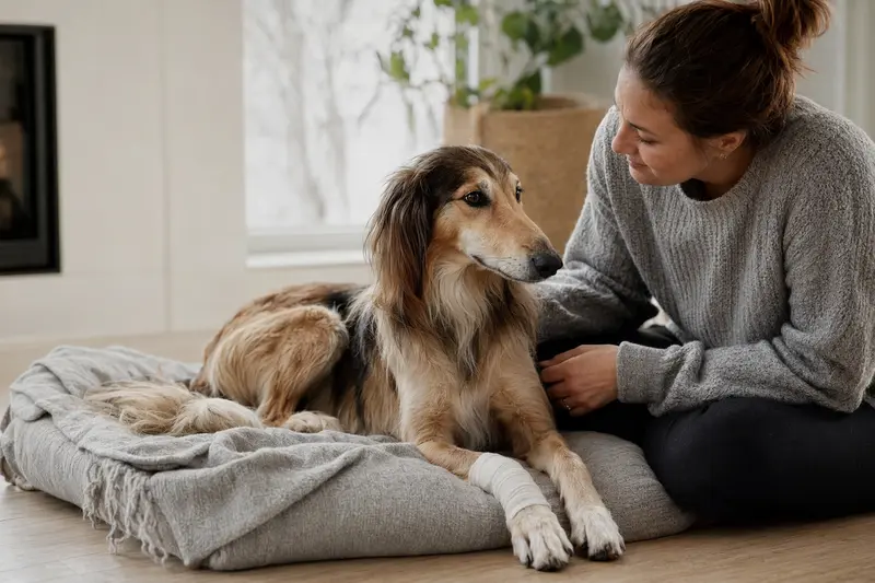 Ein Silken Windhund mit leicht verbundenen Pfote liegt ruhig auf einer Decke, während sein Besitzer erleichtert neben ihm sitzt.