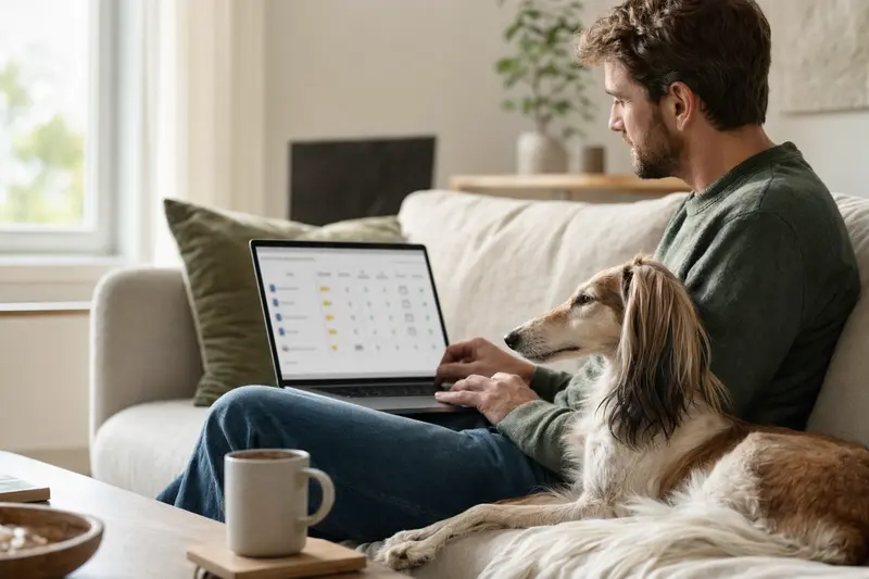 Ein Hundebesitzer sitzt mit einem Laptop auf dem Sofa, während ein Silken Windhund daneben liegt, und der Bildschirm zeigt eine neutral gehaltene Versicherungsvergleichsseite.