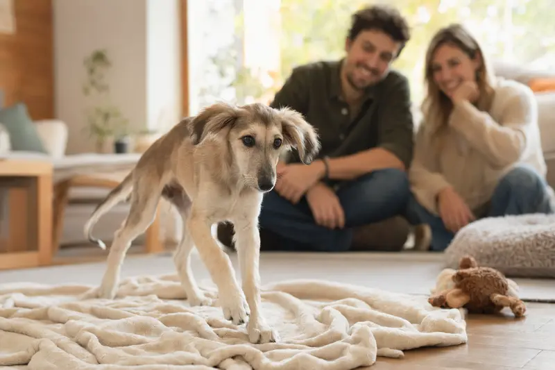 Ein junger Silken Windhund Welpe erkundet neugierig sein neues Zuhause mit weicher Decke und Spielzeug in einer hellen Wohnung.