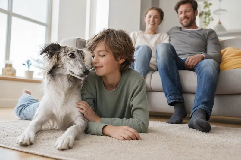 Ein Silken Windsprite liegt entspannt neben einem Kind im hellen Wohnzimmer, während die Eltern im Hintergrund für eine sichere Familienatmosphäre sorgen.