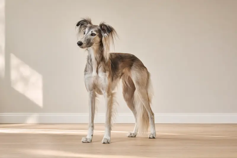 Aufmerksam stehender Silken Windsprite Hund im natürlichen Stand vor hellem neutralem Hintergrund, als realistisches Tierportrait mit weichem Licht dargestellt.