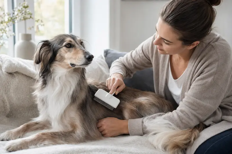 Ein Silken Windsprite Hund wird zuhause sanft gebürstet, während sich der Besitzer liebevoll um die Fellpflege kümmert.