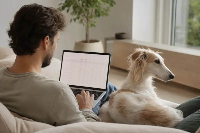 Ein Hundebesitzer sitzt auf dem Sofa mit einem Silken Windsprite und betrachtet am Laptop eine Versicherungsvergleichsseite.