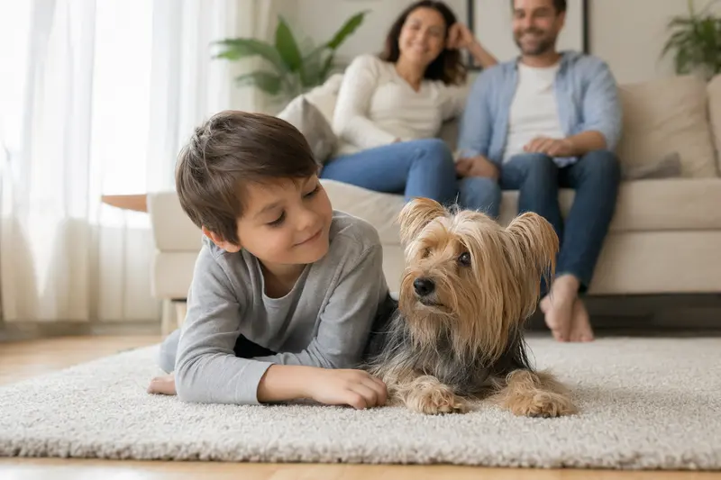 Ein freundlicher Silky Terrier liegt entspannt neben einem Kind im Wohnzimmer in einer sicheren Familienatmosphäre.