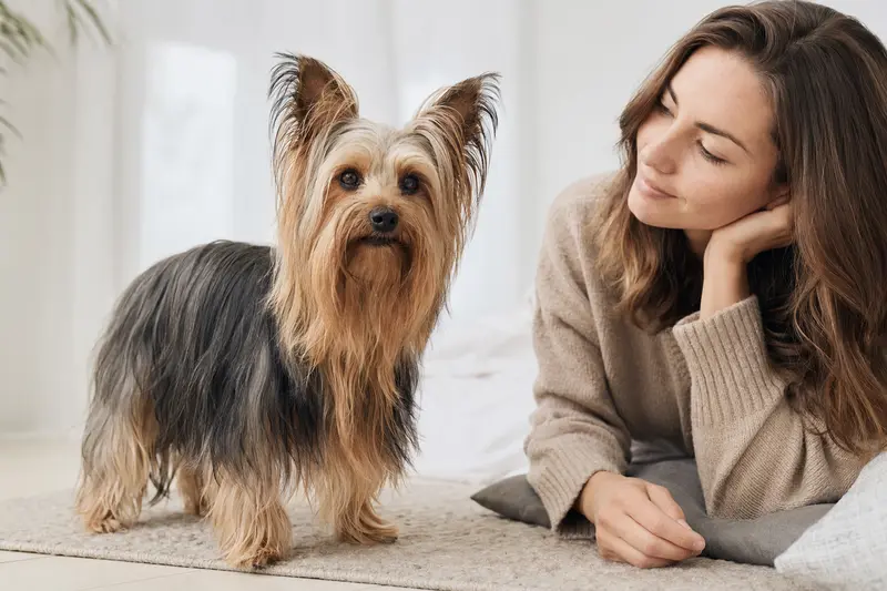 Ein aufmerksamer Silky Terrier steht in natürlicher Haltung vor hellem Hintergrund und zeigt die typische Fellstruktur der Rasse.