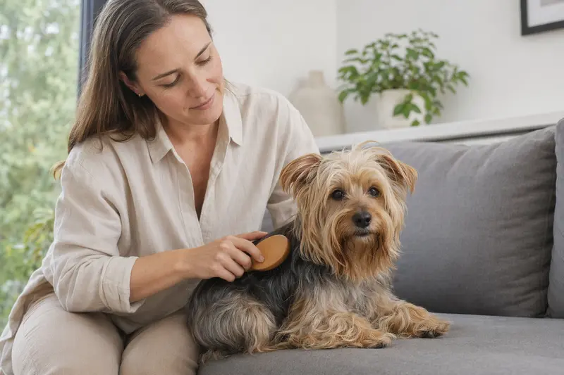 Ein Silky Terrier wird in einer hellen Wohnung liebevoll gebürstet und gepflegt.