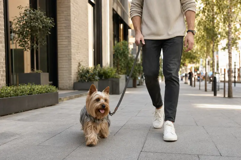 Ein Silky Terrier läuft an der Leine mit seinem Besitzer durch eine freundliche moderne Stadtstraße.