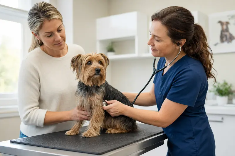 Eine Tierärztin untersucht einen ruhigen Silky Terrier mit dem Stethoskop in einer modernen Tierarztpraxis, während der Besitzer beruhigend danebensteht.