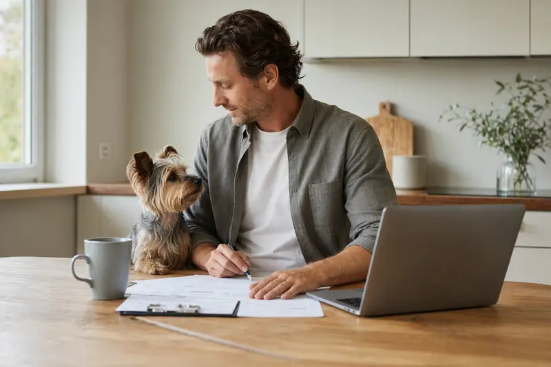 Ein Silky Terrier sitzt ruhig neben seinem Besitzer am Küchentisch mit Versicherungsunterlagen und einem Laptop zur Tierkrankenversicherung.