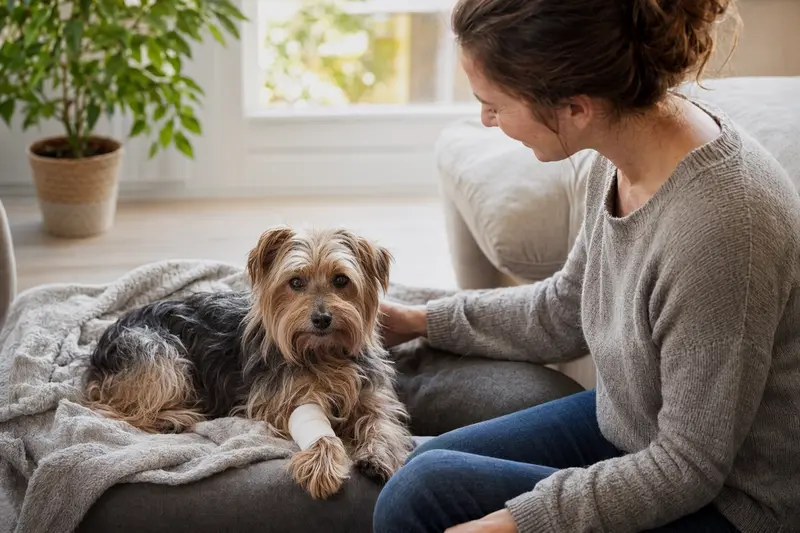 Ein Silky Terrier mit leicht verbundenem Pfötchen liegt ruhig auf einer Decke, während sein erleichterter Besitzer neben ihm sitzt.