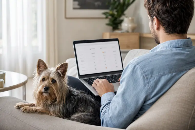 Ein Hundebesitzer arbeitet am Laptop auf dem Sofa, neben ihm sitzt ein Silky Terrier, während er Informationen zu Tierversicherungen vergleicht.