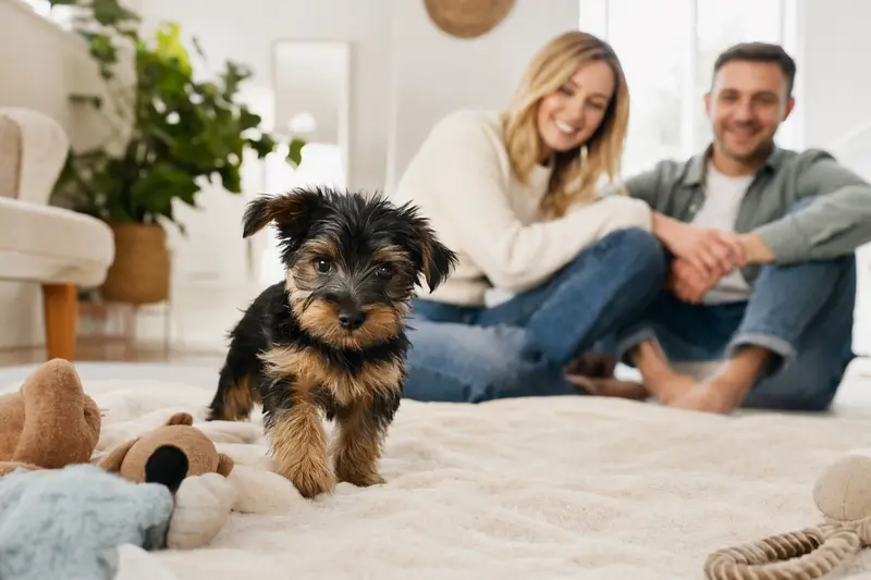 Ein junger Silky Terrier Welpe entdeckt neugierig sein neues Zuhause in einer hellen Wohnung mit weicher Decke und Spielzeug.