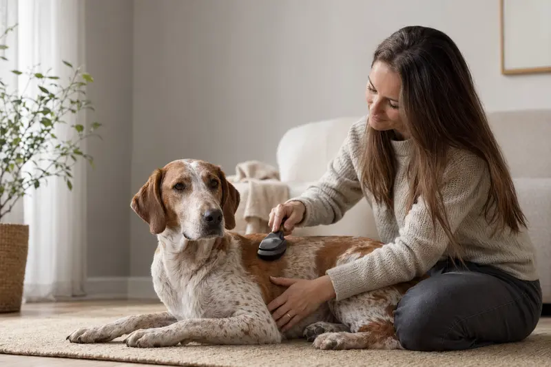 Ein Sizilianische Bracke Hund wird in einer hellen Wohnung sanft gebürstet, während sich der Besitzer liebevoll um die Fellpflege kümmert.