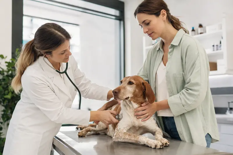 Eine Tierärztin untersucht einen ruhigen Sizilianischen Bracke-Hund mit dem Stethoskop in einer hellen Tierarztpraxis, während der Besitzer beruhigend danebensteht.