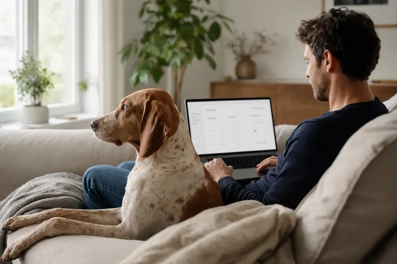 Ein Hundebesitzer arbeitet am Laptop auf dem Sofa, neben ihm liegt ein Sizilianischer Bracke in einer hellen und ruhigen Wohnung.