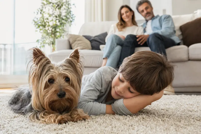 Ein Skye Silky Terrier liegt entspannt neben einem Kind im hellen Wohnzimmer, während die Eltern im Hintergrund eine sichere Familienatmosphäre vermitteln.
