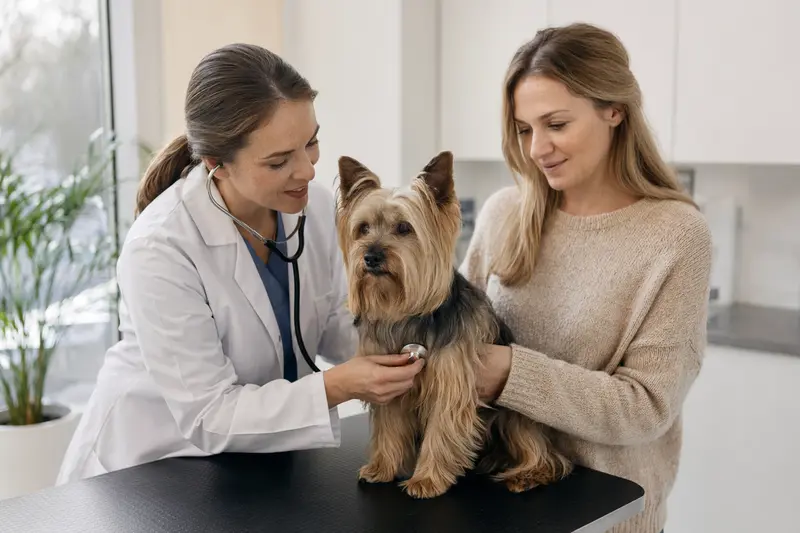 Ein ruhiger Skye Silky Terrier wird in einer modernen Tierarztpraxis von einer Tierärztin behutsam mit dem Stethoskop untersucht, während sein Besitzer beruhigend danebensteht.