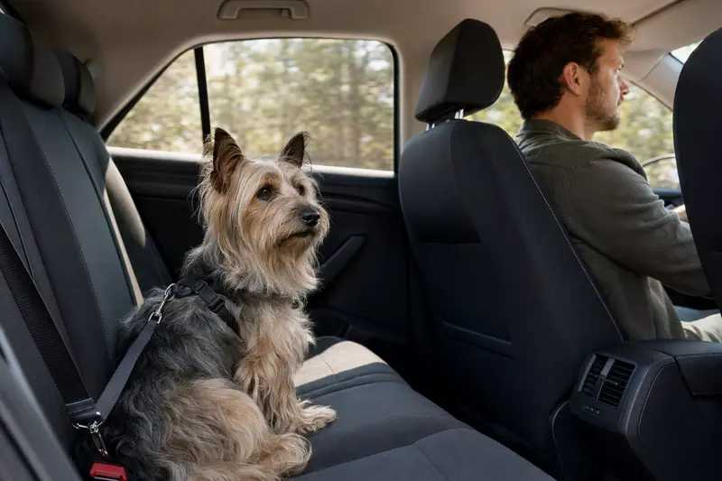 Ein Skye Silky Terrier sitzt sicher angeschnallt auf der Rückbank eines Autos und zeigt verantwortungsvolle Hundehaltung während der Fahrt.
