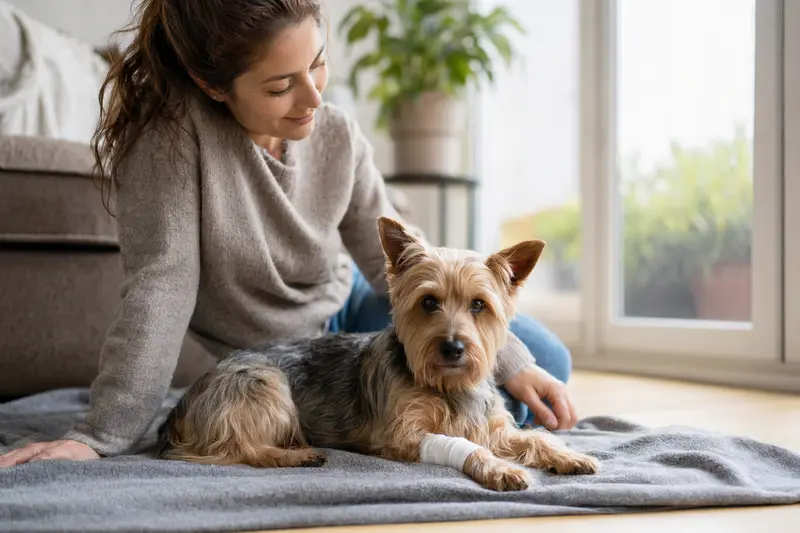 Skye Silky Terrier mit leicht verbundenen Pfote liegt ruhig auf einer Decke, während sein Besitzer daneben erleichtert sitzt.