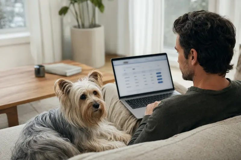 Ein Hundebesitzer mit einem Skye Silky Terrier sitzt mit einem Laptop auf dem Sofa und vergleicht Versicherungen.