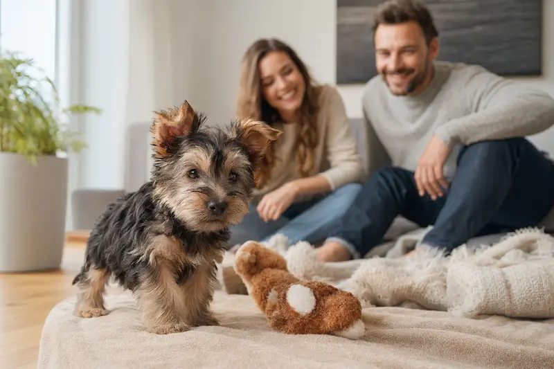 Ein junger Skye Silky Terrier Welpe entdeckt neugierig sein neues Zuhause auf einer weichen Decke, während seine Familie im Hintergrund in einer hellen Wohnung steht.
