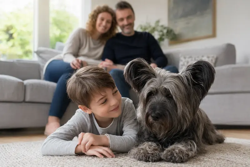 Ein freundlicher Skye Terrier liegt entspannt neben einem Kind im hellen Wohnzimmer, während Eltern im Hintergrund eine sichere Familienatmosphäre schaffen.