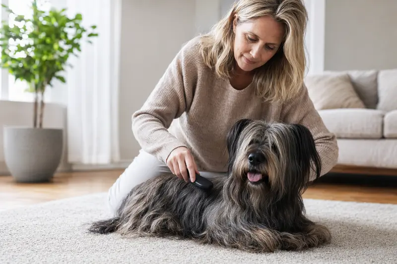 Ein Skye Terrier wird in einer hellen Wohnung sanft gebürstet, während sich der Besitzer liebevoll um die Fellpflege kümmert.