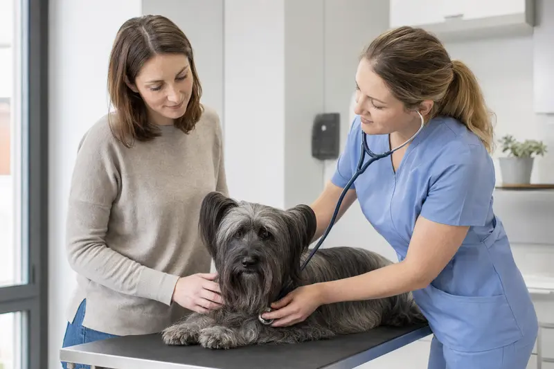 Eine freundliche Tierärztin untersucht einen ruhigen Skye Terrier mit dem Stethoskop in einer modernen Tierarztpraxis, während der Besitzer beruhigend danebensteht.