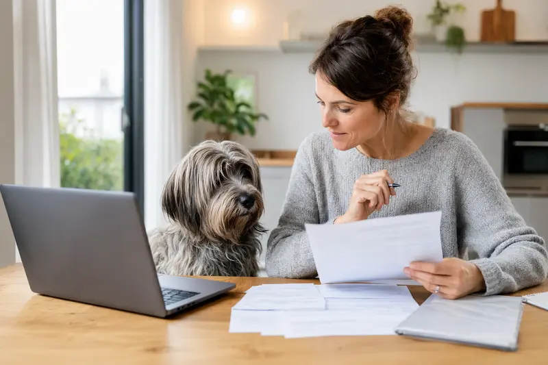 Ein Skye Terrier sitzt ruhig neben seinem Besitzer am Küchentisch mit Versicherungsunterlagen und einem Laptop zur Hundekrankenversicherung.