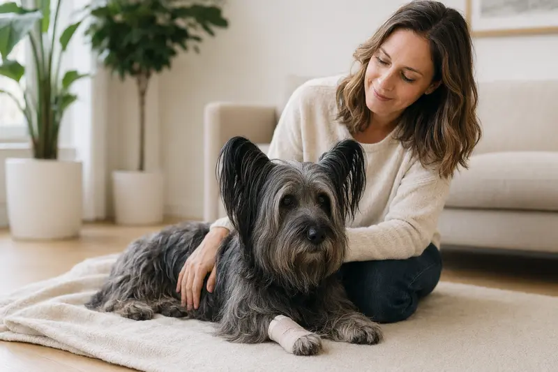 Skye Terrier mit leichtem Verband an der Pfote liegt ruhig auf einer Decke neben seinem erleichterten Besitzer.