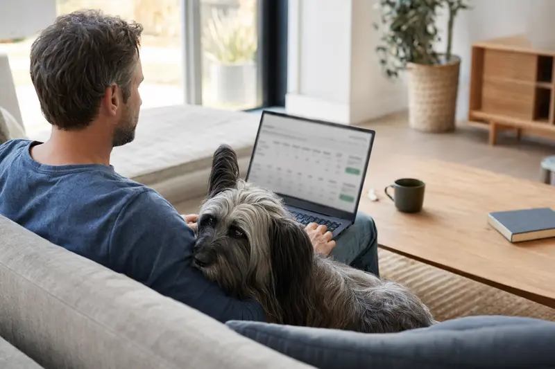Ein Hund sitzt neben einem Besitzer auf dem Sofa, während dieser am Laptop einen Vergleich von Tierversicherungen durchführt.