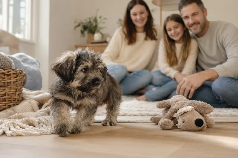 Ein junger Skye Terrier Welpe entdeckt neugierig sein neues Zuhause mit weicher Decke und Spielzeug in einer hellen Wohnung.