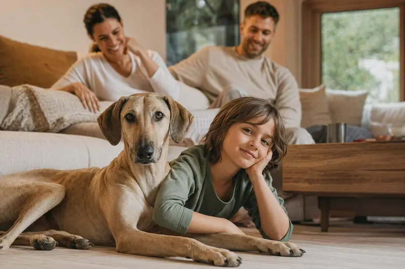 Ein freundlicher Sloughi Hund liegt entspannt neben einem Kind im hellen Wohnzimmer, während die Eltern im Hintergrund eine sichere Familienatmosphäre schaffen.
